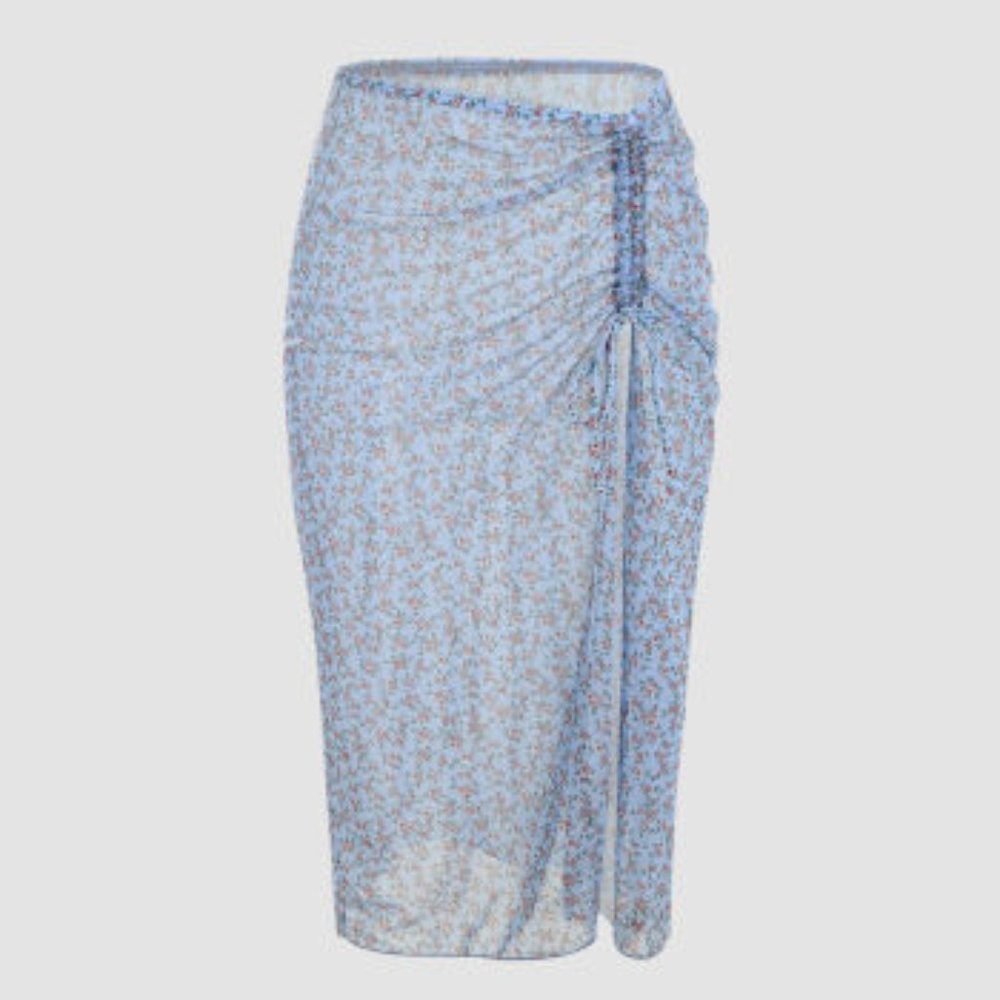 Floral Drawstring Mesh Cover Up Skirt